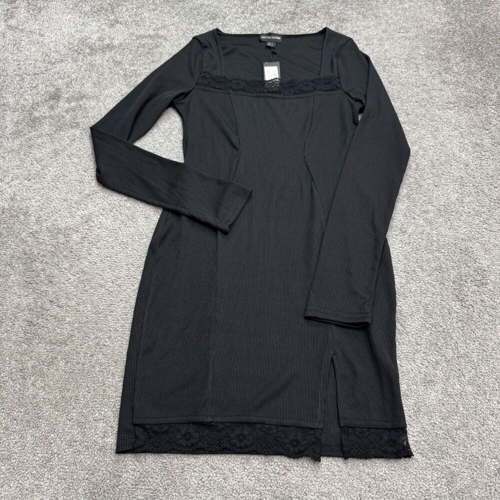 Prettylittlething Ribbed Knit Bodycon Midi Dress Womens 6 Black Lace Trim NWT